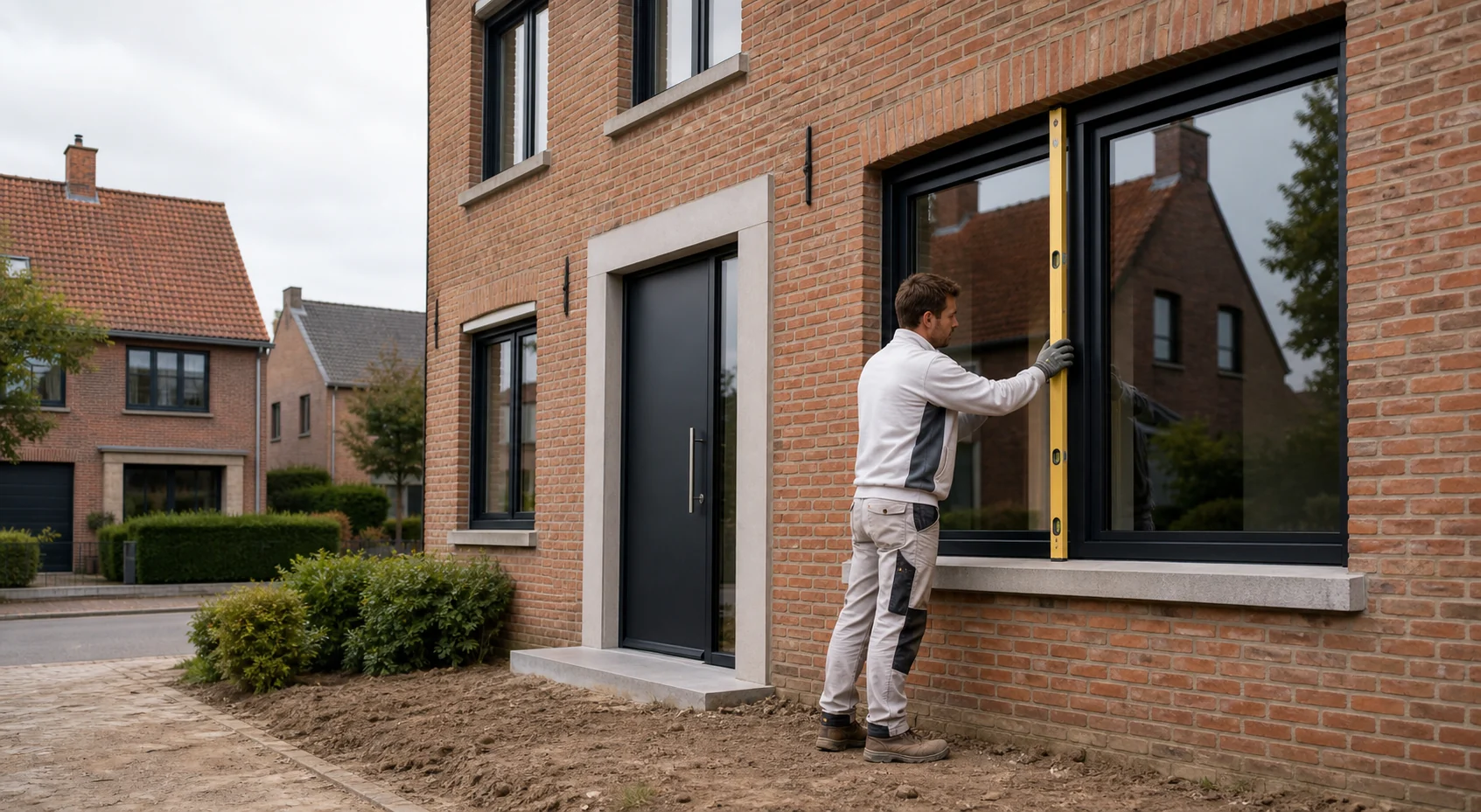 Vakman controleert nieuwe aluminium ramen aan een Vlaamse woning